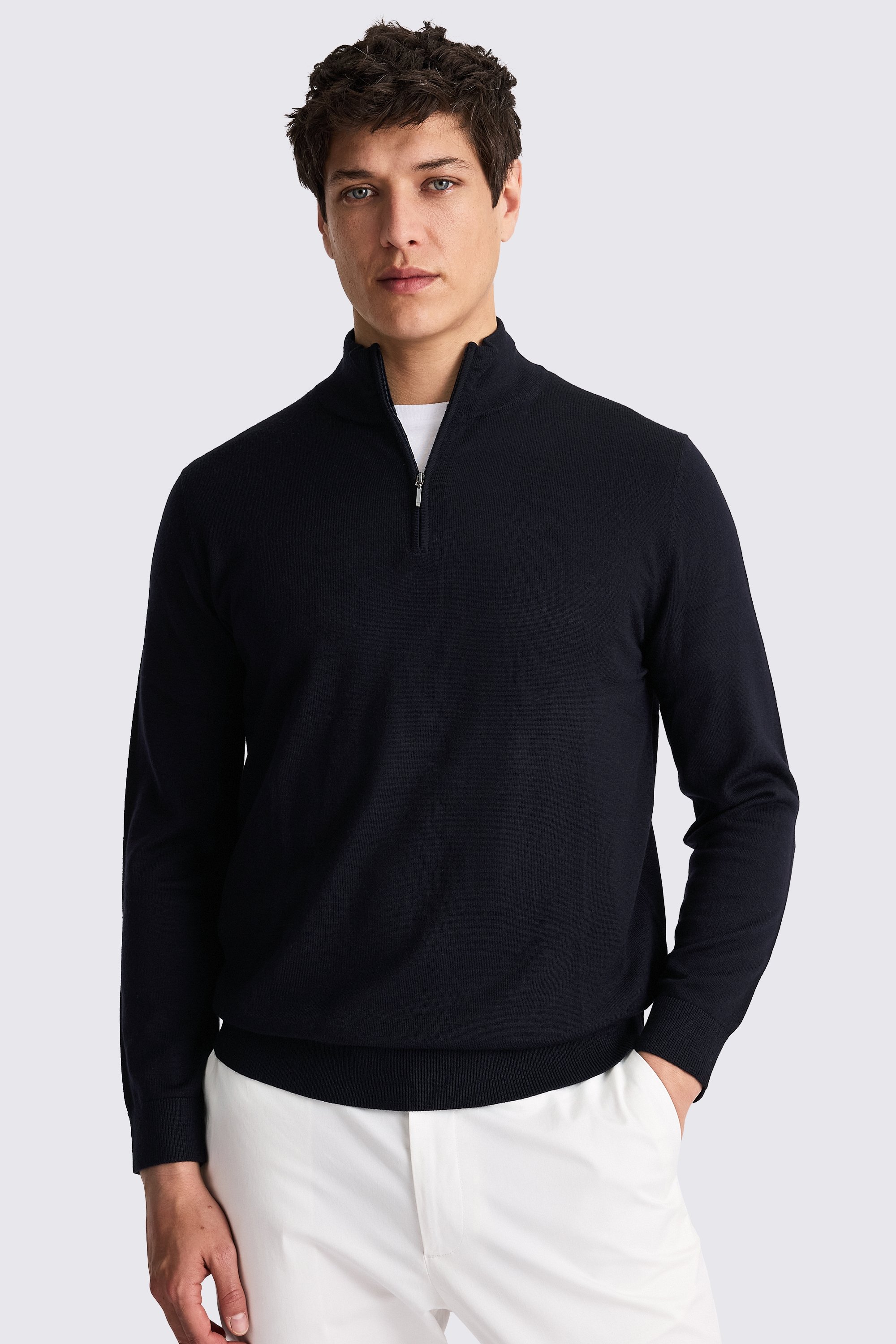Navy Merino-Blend Zip-Neck Jumper
